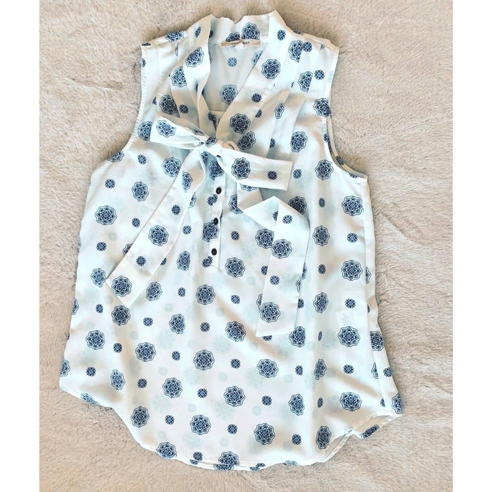 White and Blue Pussy Bow Blouse